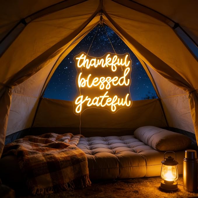 Thankful Blessed Grateful Neon Sign Led Dimmable Neon Lights for Bar Room Home Art Wall Decor Party Window Living Room Decor Christmas' Gift (Warm white)