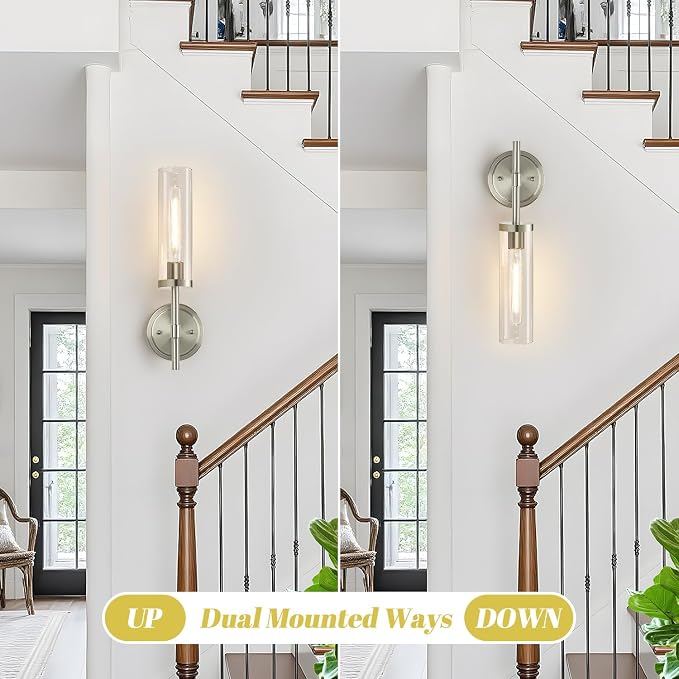 MOKATNG Wall Sconces Set of Two, Brushed Nickel Bathroom Sconces with Clear Glass, Hardwired Sconces Wall Decor Set of 2, Modern Wall Light Fixtures for Bathroom Mirror Living Room Bedroom Hallway
