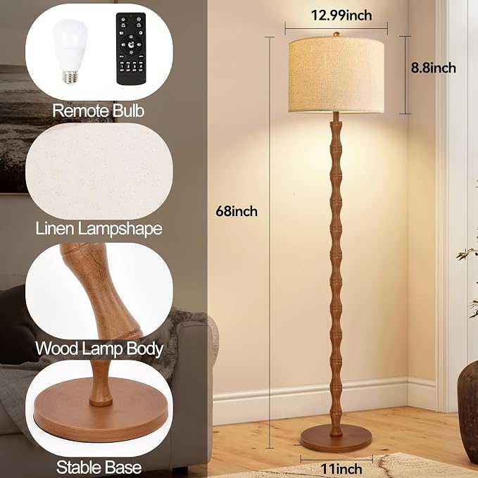 ILLMTW Wood Floor Lamp for Living Room,Bedroom,Vintage Farmhouse Mid Century Standing Lamp with Remote,Dimmable Rustic Industrial Tall Lamp Retro Floor Light Boho Bohemian