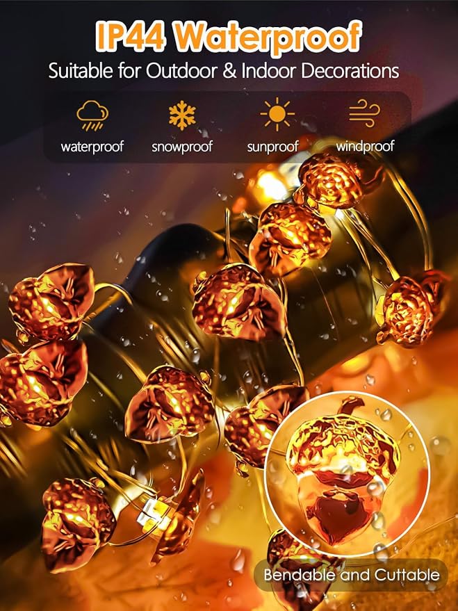 EXF Fall Decor Acorn Fairy Lights Battery Operated with Remote 10FT 30 LED | 8 Modes & Timer, IP44 Waterproof Halloween Twinkle String Lights for Indoor Outdoor Autumn Harvest Thanksgiving Day Decor