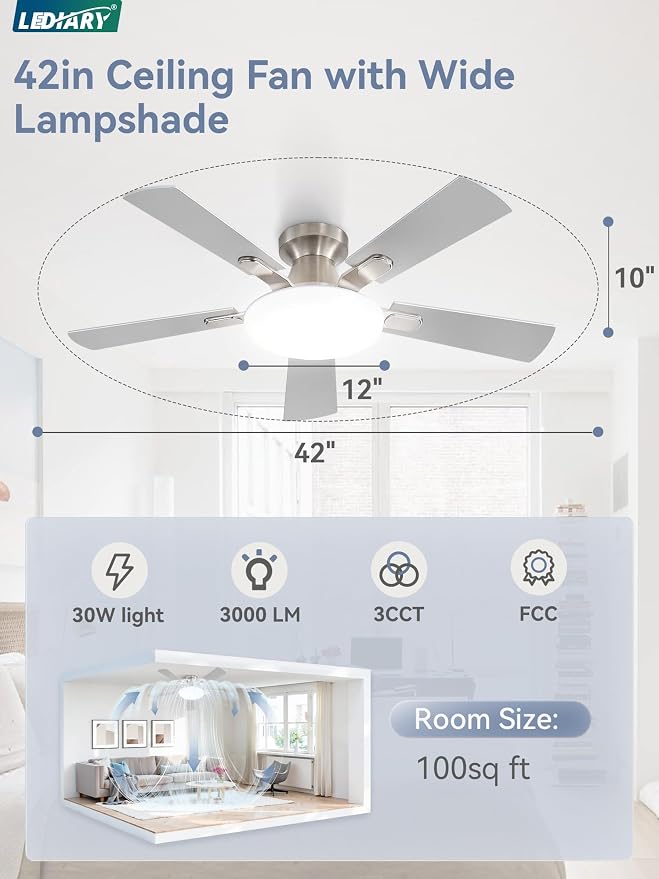 LEDIARY 42 Inch Flush Mount Ceiling Fans with Lights, Remote & APP Control | Bright Light, 3CCT, Dimmable, Memory Function, Timer, Reversible Blade, Quiet DC Motor, Damp-Rated, Bedroom, Covered Patio