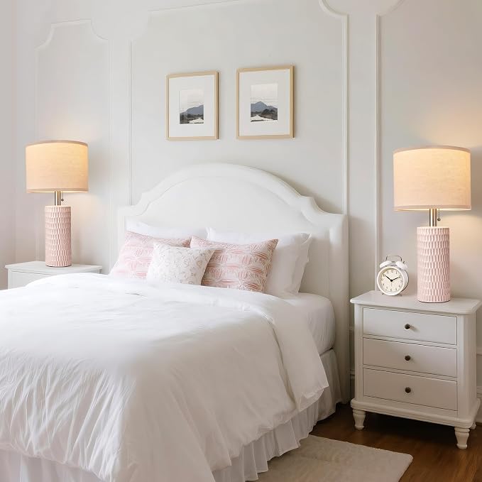 Reaketon 20.5" Modern Ceramic Table Lamps for Bedroom Set of 2, Bedside Lamps for Night Stands with Beige Lampshade, Farmhouse Table Lamp for Living Room Office Dorm, Pink