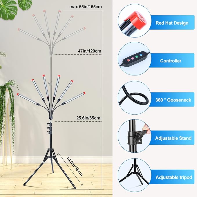 6Head Grow Light on Stand for Large and Tall Indoor Plants, Bonsai Tree, Bright and Big Coverage Plant Growing Lamps, 4/8/12/16/20H Timer, 54 Watt Power Draw, NO Need Adapter, 360° Gooseneck