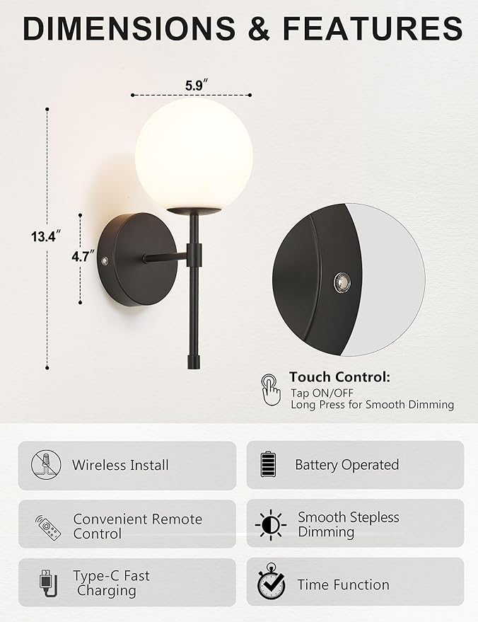 Battery Operated Wall Sconces Set of 2, Glass Globe Wireless Lights with Remote & Touch Control, Rechargeable Matte Black Sconce, 3 Color Dimmable Ambient Lighting for Bedroom Living Room
