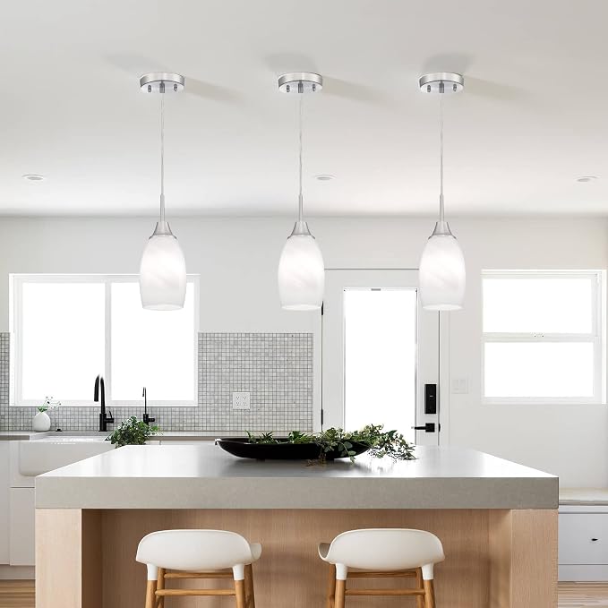 Viinew 3-Pack Glass Pendant Light,Mini White Swirl Glass Pendant Light | Handblown White Art Oval Glass Hanging Pendant Light for Kitchen Island Dining Room Living Foyer Brushed Nickel Finish