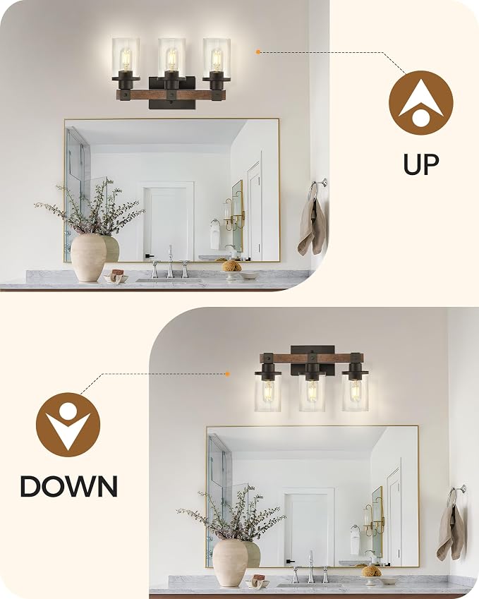 3-Light Bathroom Light Fixture, Farmhouse Vanity Lights for Bathroom with Glass Shade, Rustic Bathroom Light Fixtures, E26 Base F08BD05