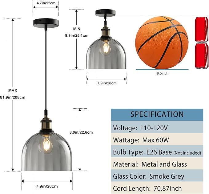 Modern Pendant Lights for Kitchen Island, Industrial Rustic Hanging Ceiling Lighting Fixtures, Glass Dome Lampshade Chandelier, 7.86" Handmade Bell Shaped Lamp Shade, Smoke Grey