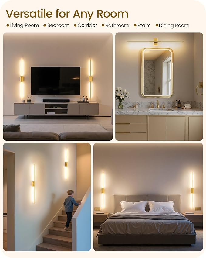 39.4" Wireless Battery Operated Wall Sconces Set of 2, Modern Rechargeable Lamp with Remote, 360° Rotation, 10000mAh, Touch Dimmable Lights for Bedroom, Living Room, Hallway, Gold D07YBP205