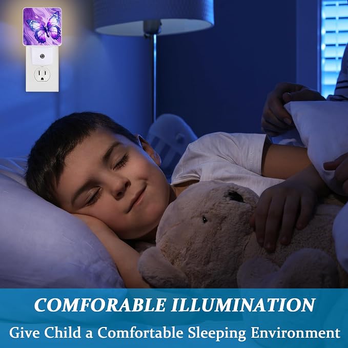 Butterfly Night Light, Plug-into Wall Purple Marble Nightlight Lamp with Dusk to Dawn Sensor, Led Lamp 0.5W Energy Efficient for Boys Girls Adults Home Decor