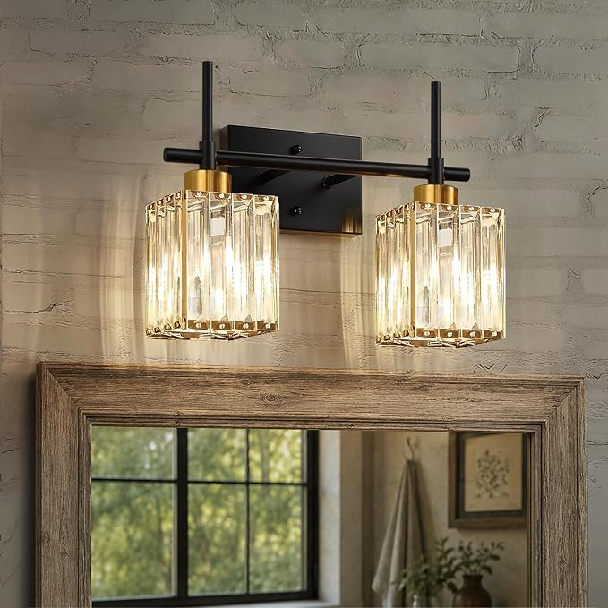 Torondo Modern Crystal Bathroom Vanity Light 2-Lights Gold Bathroom Light Fixtures Over Mirror Black and Gold Vanity Lighting Fixtures Gold Square Shade Brass Wall Sconce (Bulbs Not Include)