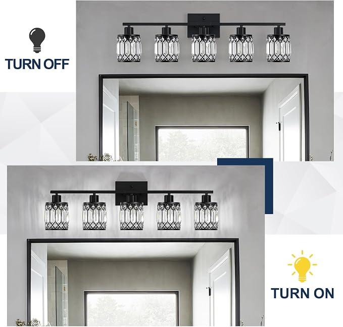 Crystal Modern Bathroom Light Fixtures, 5-Light Black Bathroom Vanity Wall Light, Vanity Lights for Mirror, Restroom, Bedroom (E26 Socket, Bulbs Not Included)