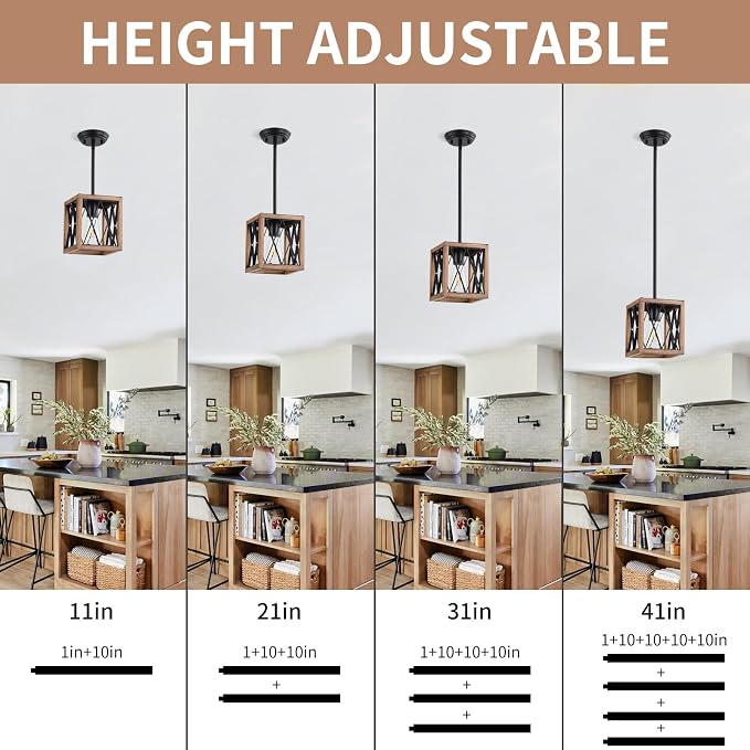 KEESFU Farmhouse Pendant Light, 1 Light Metal Cage Hanging Light with Wooden Grain Finish,Height Adjustable Kitchen Island Lighting,Pendant Lighting for Kitchen Island Hallway Foyer.2 Pack.