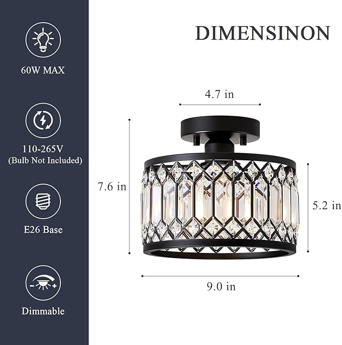 Crystal Black Ceiling Light, Modern Semi Flush Mount Ceiling Lighting Fixture, Round Hallway Lighting Fixtures for Kitchen Entryway Bedroom Laundry Room, 1-Light, 9 Inch