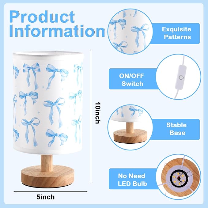 Lonfliness Blue Bow Kids Table Lamp Kids Bedside Lamp Bedroom LED Night Light with Linen Wooden Nightstand Cartoon Nursery Lampshade for Girls Boys Living Room