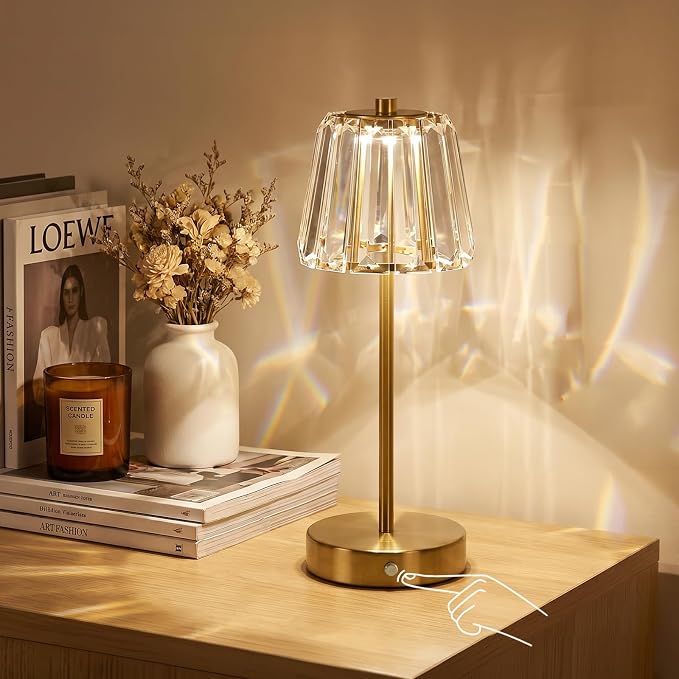 13" Small Crystal Cordless Table Lamp, Touch Rechargeable Desk Lamps | 3 Color Temps, Stepless Dimming, Gold Portable Battery Operated LED Table Lamp for Bedside, Nightstand, Kitchen, Patio, Decor