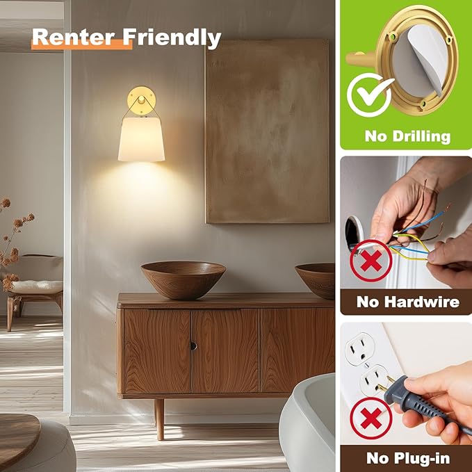 TACAHE Rechargeable Wall Sconce - Plastic Frosted Lampshade - 3 Color Temp & 5 Brightness - Remote Control - 5000 mAh Battery Operated - Cordless Wall Lamp for Camper, RV - Set of 2 (Gold)