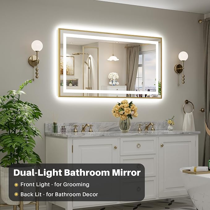 55x30 Inch LED Bathroom Mirror with Gold Frame, Backlit & Front Lit | Anti-fog, 3 Color Dimmable, Memory Function, HD Reflection Tempered Glass, ETL Listed, IP54 Waterproof
