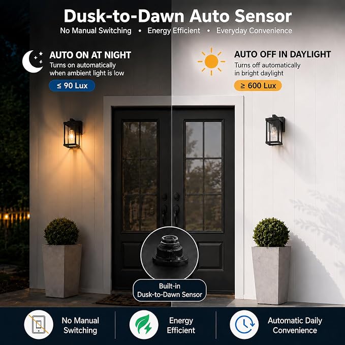 Porch Lights with GFCI Outlets Dusk to Dawn Outdoor Wall Lights Waterproof Exterior Lighting Fixtures Modern Outside Lights Wall Mount for House Patio Garage,Black,11.8''H, 2 PC