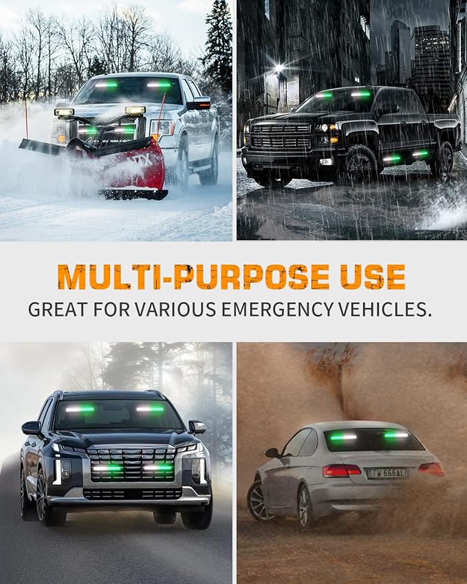 XRIDONSEN 2x 10.7 inch Green White Emergency Lights 24 LED Strobe Light Bar Warning Flashing Safety Dash Side Window Front/Rear windshield Lights Traffic Advisor for Firefighter Vehicles POV Trucks