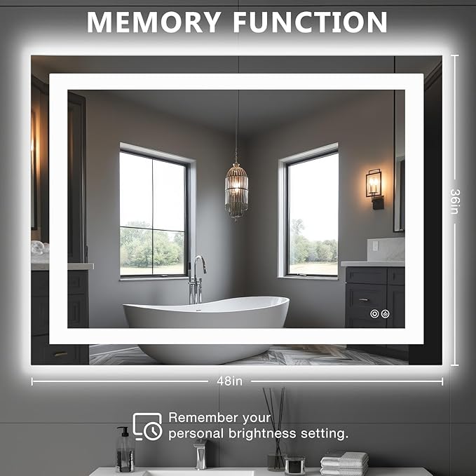 DUMOS 36"x48" Smart Anti-Fog LED Bathroom Mirror with 3 Color Temperatures, Dimmable, Memory Function, Rectangle Modern Vanity Mirror
