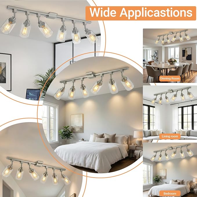 LOUSACE 6 Pack H Track Lighting Replacement Heads Brushed Nickel, Ceiling Track Lighting Fixtures with Seeded Glass Shades, E26 Base Track Light Heads for Retail Shop Kitchen Bathroom