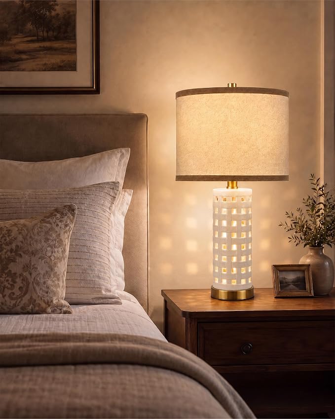 Alethiea 21" Ceramic Table Lamp with Dual Lighting, Hollow Square Base with Built-in Ambient Light, Farmhouse Bedside Nightstand Lamp with Fabric Shade for Bedroom Living Room