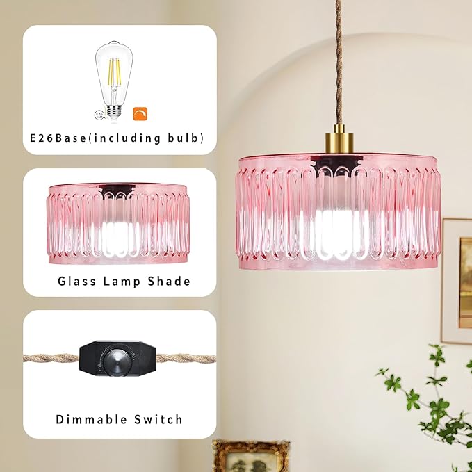 Pink Plug in Pendant Light Glass Hanging Lights with Plug in Cord Boho Hanging Lamp Gold Mid Century Modern Vintage Dimmable Flower Plug in Chandelier Ceiling Fixture for Living Room,Bedroom