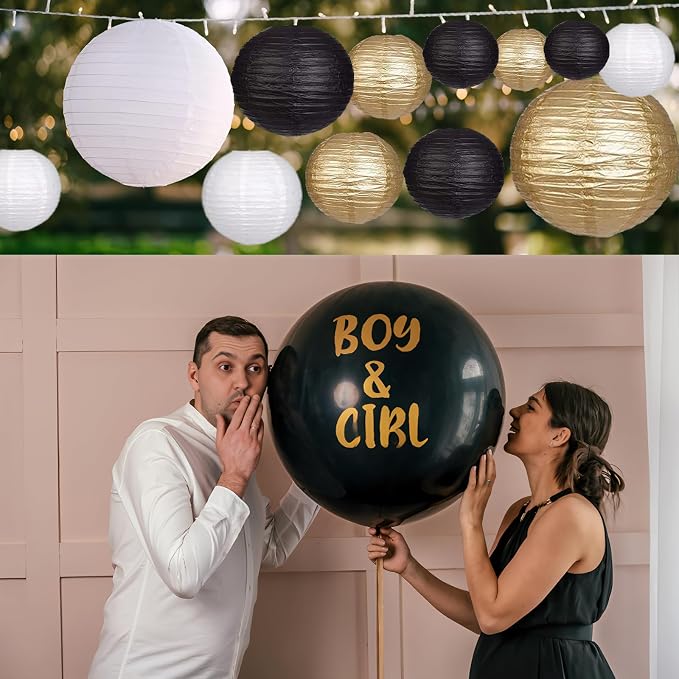 12Pcs Paper Lanterns 6”, 8”, 10”, 12”,Paperlanterns Party Decoration, Black White Gold Paper Lanterns for Wedding, Bridal, Birthday, Outdoor, Home, Garden, Holiday and Party.