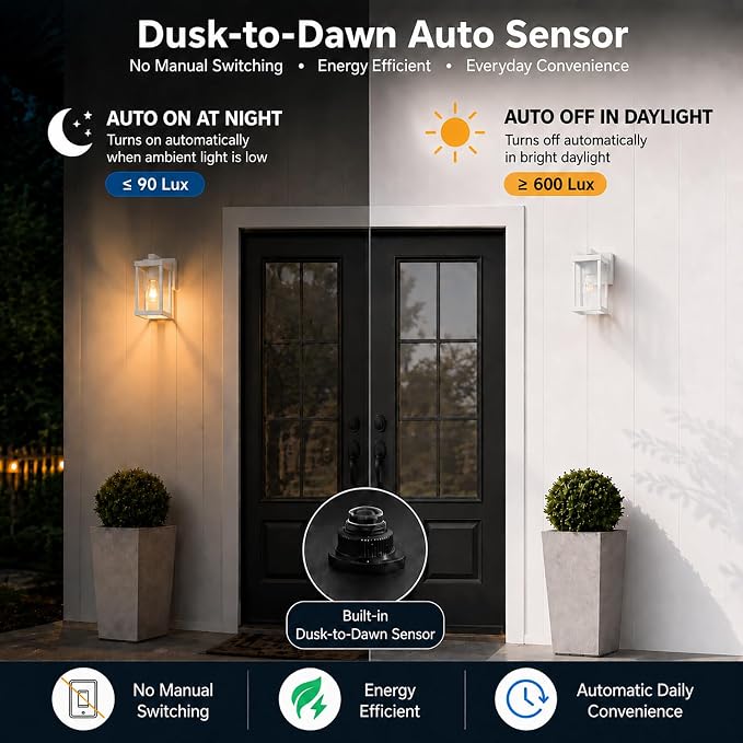 Porch Lights with GFCI Outlets Dusk to Dawn Outdoor Wall Lights Waterproof Exterior Lighting Fixtures Modern Outside Lights Wall Mount for House Patio Garage,White,11.8''H,1PC