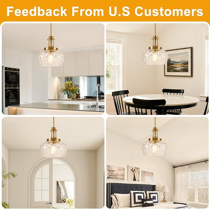Modern Pendant Lights Kitchen Island, Brushed Gold Pendant Light Fixtures with 10" Clear Hammered Glass Shade, Industrial Hanging Pendant Lights Fixture for Kitchen Island Dining Room Bedroom Entryway