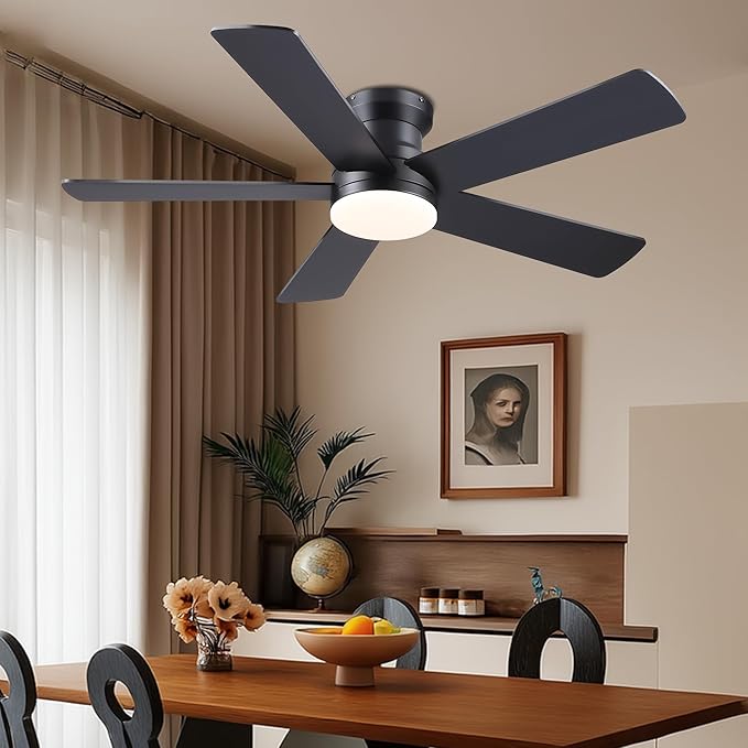 Ceiling Fans with Lights - 48" Black Flush Mount Ceiling Fan Light with 6 Speeds 3CCT Dimmable, Revesible Motor, Low Profile Fan Light for Modern Indoor Bedroom, Kitchen
