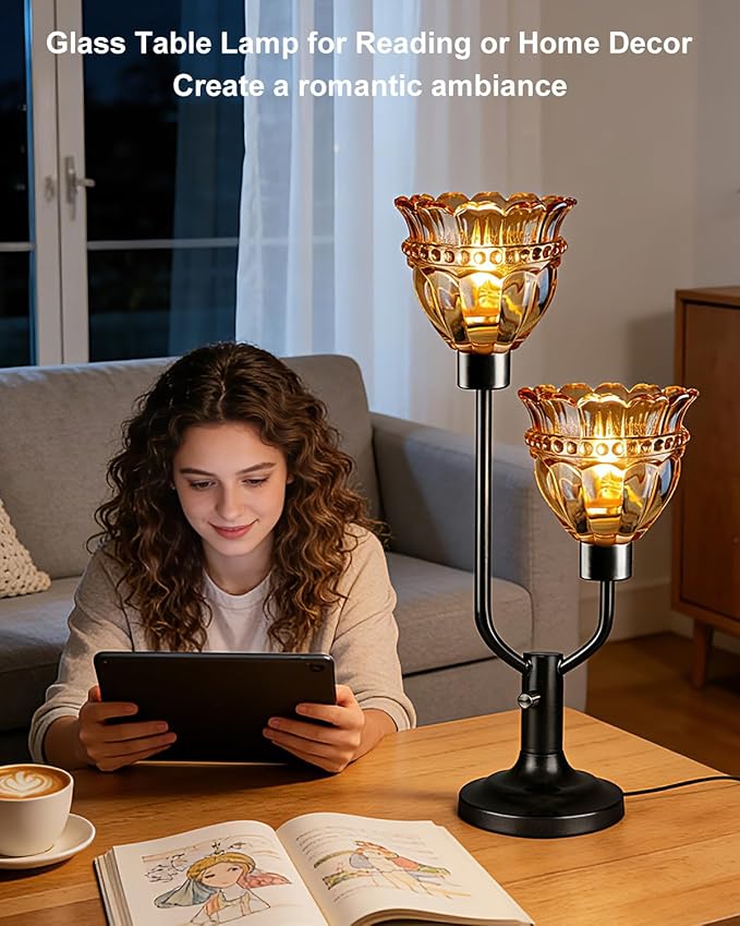 Lightdot Mid Century Modern Glass Table Lamp Black Dimmable Desk Lamps with Brown Glass Shade& 2Pcs 3000K Warmwhite Bulbs Included U-Shaped Bedside Nightstand Lamp for Living Room Bedroom