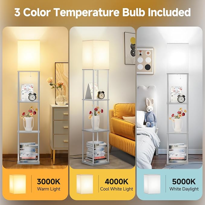 SHINE HAI Floor Lamp with Shelves, 3-Tier Square Modern Shelf Lamp | 3CCT Bright Bulb Included, Tall Standing Lamps for Living Room Bedroom Office