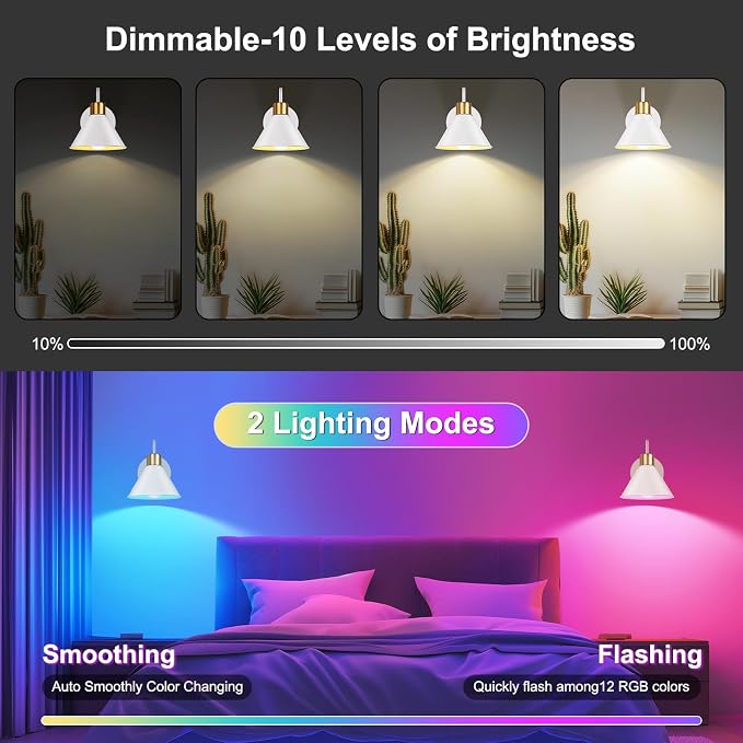 Frideko Rechargeable Battery Operated Wall Sconces Set of Two with Remote, RGB 15 Colors Dimmable White Wall Light, Indoor Battery Powered Wireless Sconce with 4 Timer for Living Room Bedroom