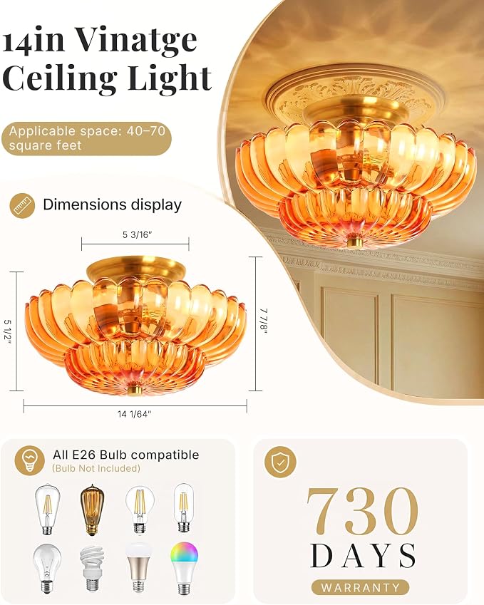 Semi Flush Mount Ceiling Light Fixture 14" Vinatge Gold Ceiling Lights Mid Century Modern Orange Glass Close to Ceiling Lighting Fixtures for Bedroom Hallway Kitchen Laundry Room Bathroom