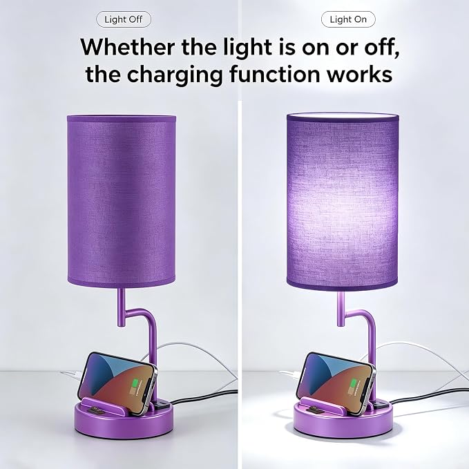 Dreamholder 2 Pack Table Lamp, Bedside Lamp with 3 USB Charging Ports & AC Outlet, USB Desk Lamp with 2 Phone Holders, Linen Fabric Shade Nightstand Lamps for Bedroom Living Room Office, Purple