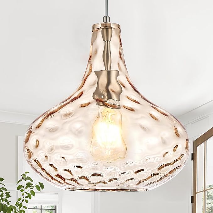11" Amber Hammered Glass Pendant Light, Blown Glass Hanging Light Fixture with Brushed Nickel Finish, Vintage Modern Ceiling Light for Kitchen Island, Dining Room, Hallway, Living Room