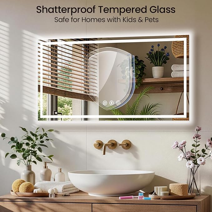 48x32 LED Bathroom Mirror with Anti-Fog, Backlit & Front Lit, Memory | Stepless Dimmable 3 Color CRI 95+ Shatterproof Tempered Glass ETL Listed for Safety Lighted Bathroom Vanity Mirror for Wall