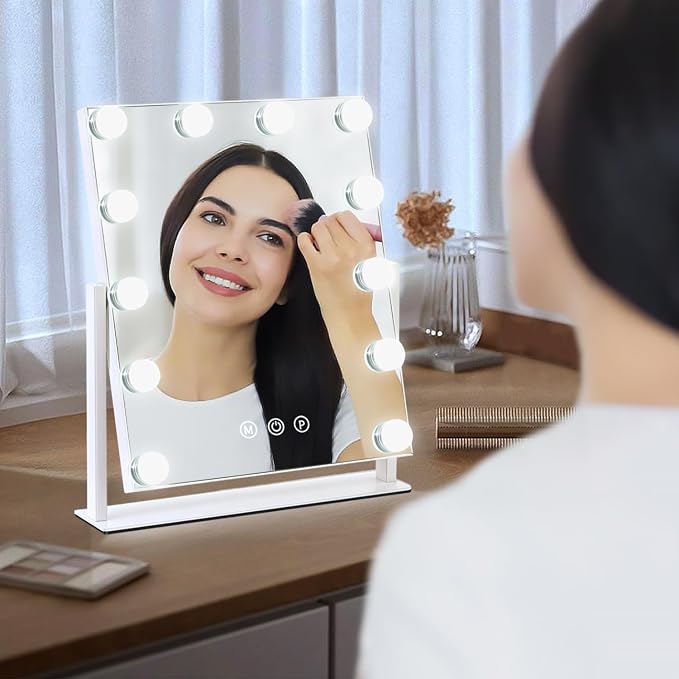 Vanity Mirror with Lights, 13'' x 11'' Lighted Makeup Mirror for Desk, Hollywood Mirror with 12 Dimmable Bulbs, 3 Color Modes, Smart Touch Control, 360°Rotation, Gifts for Girls, Women, Wife