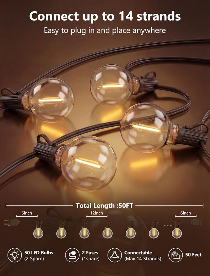 50Ft LED Globe String Lights Shatterproof Waterproof G40 Outdoor Patio String Light with 52 Dimmable LED Bulbs, Hanging Patio Lights for Indoor Bistro Pergola Tents Wedding Party Christmas Decor-Brown