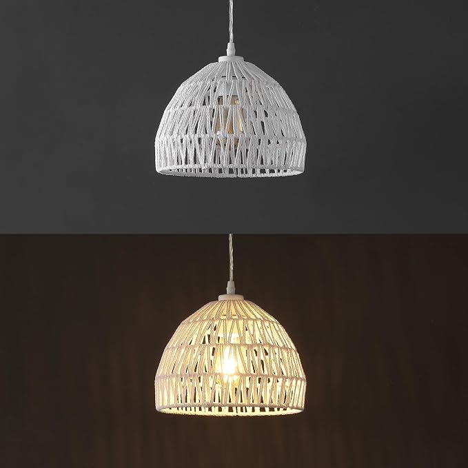 JONATHAN Y Campana 1-Light Pendant Dome Ceiling Lamp, 10.25", White | Modern Coastal Farmhouse Decor, Adjustable Height, Woven Rope Metal Frame, LED Bulb Included, UL Listed