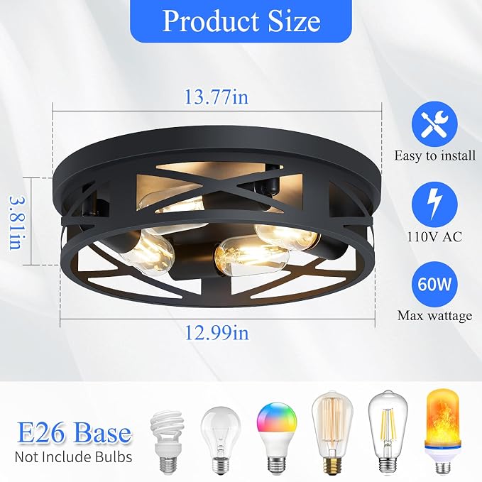 SKEJAO Flush Mount Ceiling Light Fixture,Ceiling Light Fixture for Hallway, Black Hallway Light Fixtures Ceiling,Light Fixtures Ceiling Mount for Kitchen,Farmhouse,Hall (1 Pack) (13.98 inch)