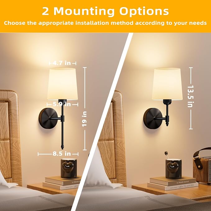 Battery Operated Wall Sconces Set of 2, Wireless Rechargeable Dimmable Wall Light with 5600mAh RGB Bulb and Remote for Bedroom, Living Room, Hallway, Black, 19in