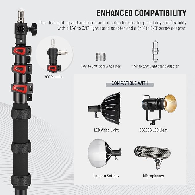 NEEWER 7.5ft/230cm Handheld Light Stand, Portable Telescopic Aluminum Photography Lighting Stand with 1/4" 3/8" 5/8" Screw/Flip Lock/Shoulder Strap for Strobe Light Flash, Max. Load 11LB/5KG, MS-230C | Handheld Light Stand, 1/4" 3/8" 5/8" Screw, Flip L...