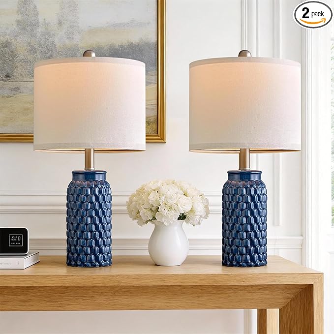 20.5 inches Modern Ceramic Dark Blue Bedside Lamp Set of 2 for Bedroom Decor Farmhouse Table Lamp for Living Room Office Dorm