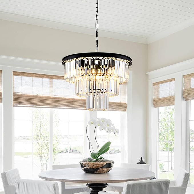 8 Light Modern Crystal Chandelier 20'' Black Chandeliers for Dining Room Contemporary Pendant Light Fixture Round 3-Tier Adjustable Height E12 for Living Room, Foyer, Entryway, Bedroom