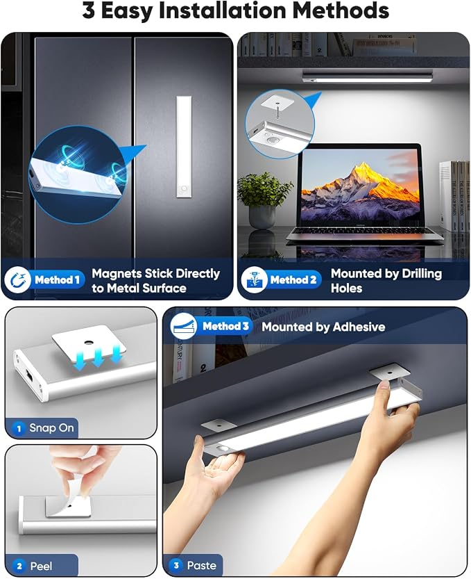12'' Under Cabinet Lights, LED Rechargeable Battery Operated Motion Sensor Lights Indoor, 2500mAh Magnetic Wireless Closet Lights, Dimmable Under Counter Cupboard Night Light for Kitchen, Home, 5 Pack