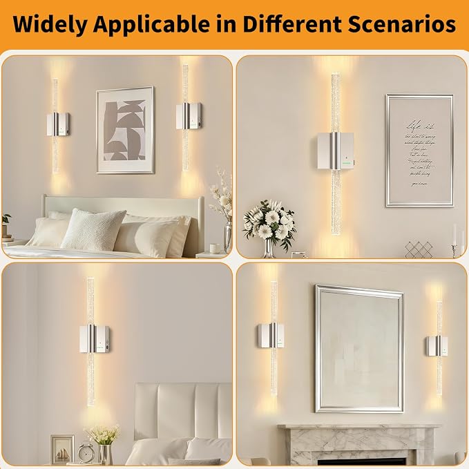 Battery Operated Wireless Wall Sconces, 2 Pack Dimmable Wall Lighting | Slypadan Extra Large Rechargeable Crystal-Inspired Bubble Modern LED Lantern for Indoor Corridor Entrance Hall, 28in Nickel