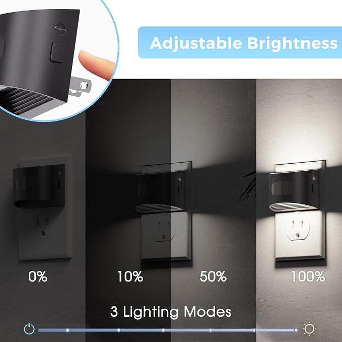 L LOHAS LED Motion Sensor Night Light, Night Lights Plug into Wall, 2 Pack | Nightlight with Dusk to Dawn & Motion Detection Sensor, 30-100Lm Adjustable Brightness, 5000K Daylight, Black Housing