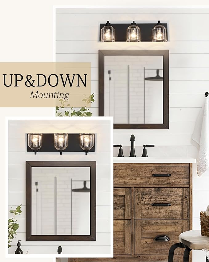 Vanity Lights for Bathroom Large 23", Farmhouse Rustic Vanity Light with Bubble Glass Shades, Black 3 Light Bathroom Lighting Fixtures Over Mirror, Bath Wall Sconce Home Decor